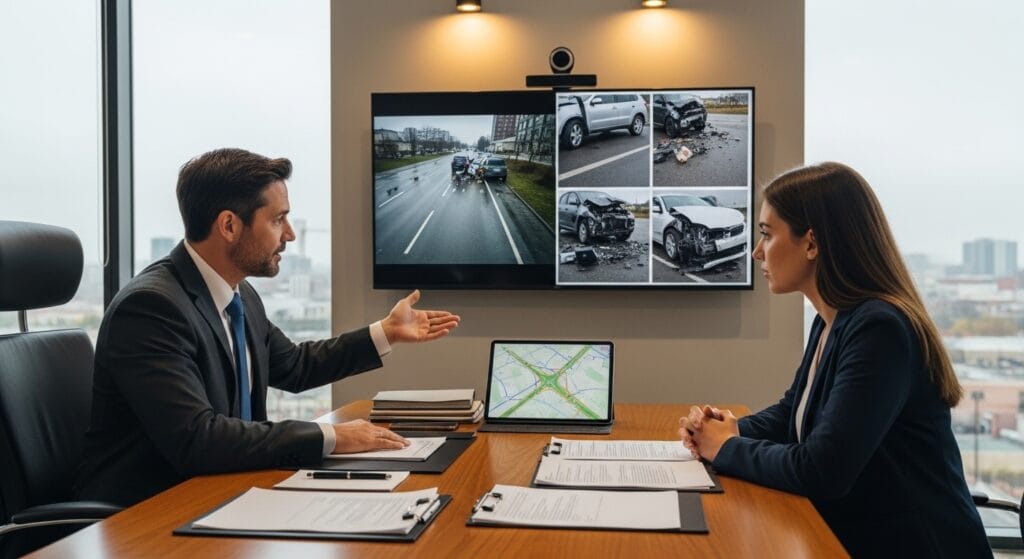Crash victim reviewing roadside accident evidence with a personal injury attorney