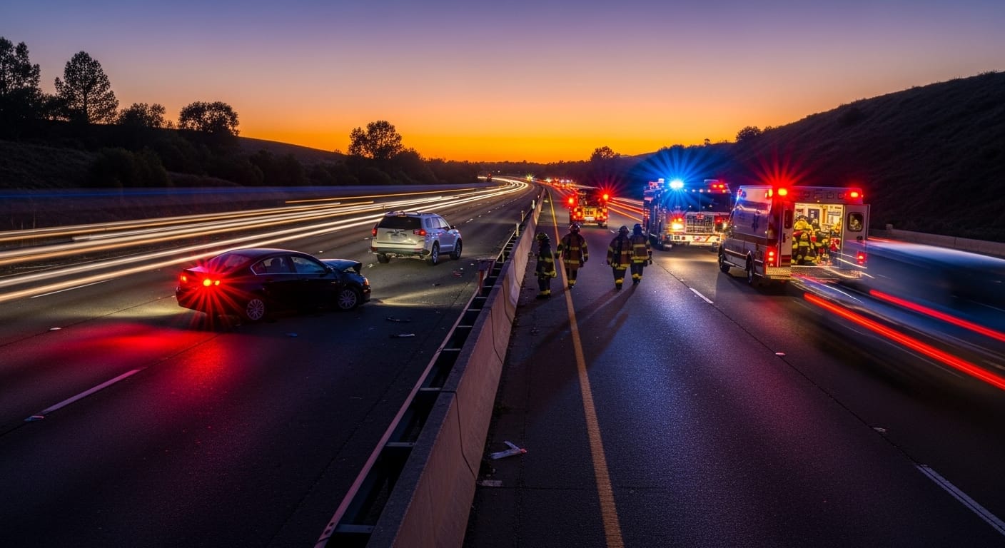 Disabled car with hazard lights on after a California freeway shoulder crash