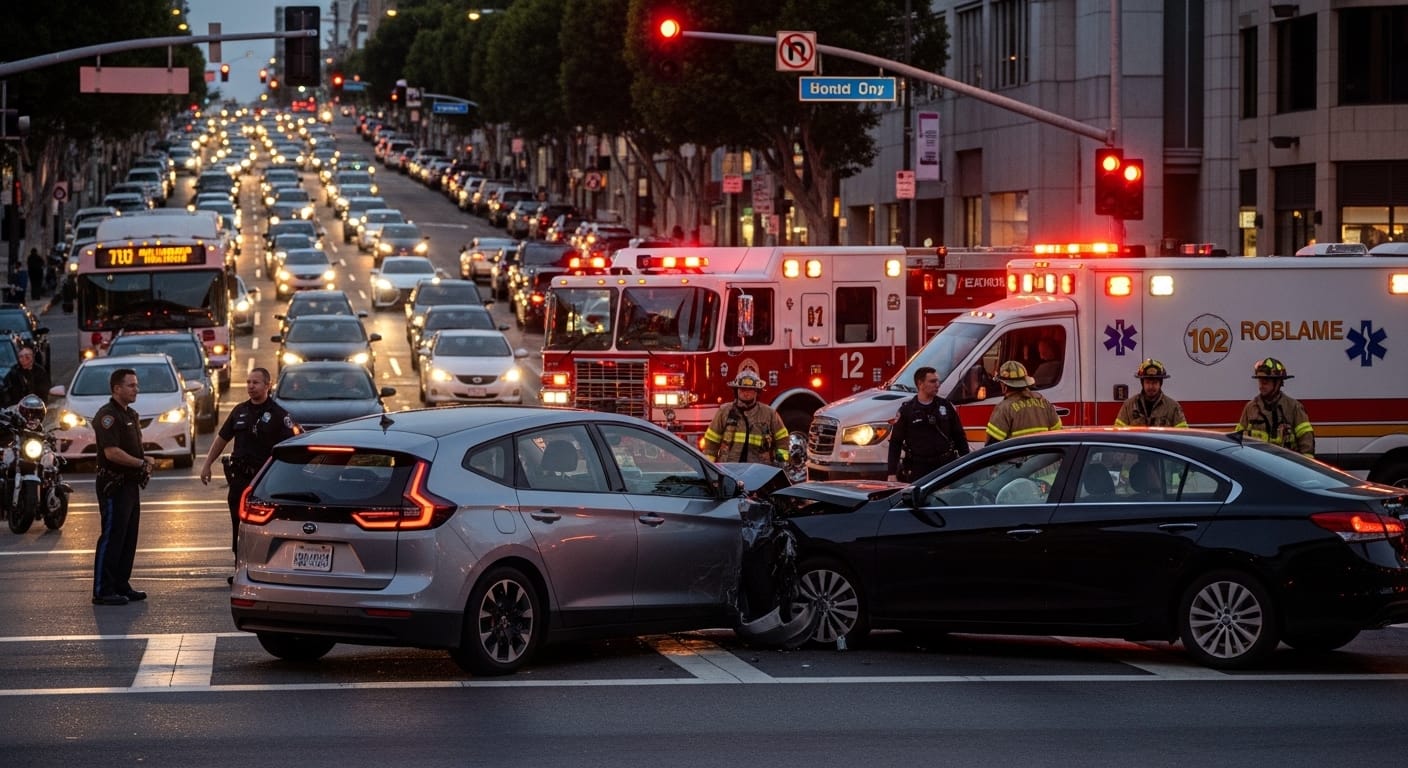 Driverless robotaxi involved in a California intersection crash with emergency responders at the scene