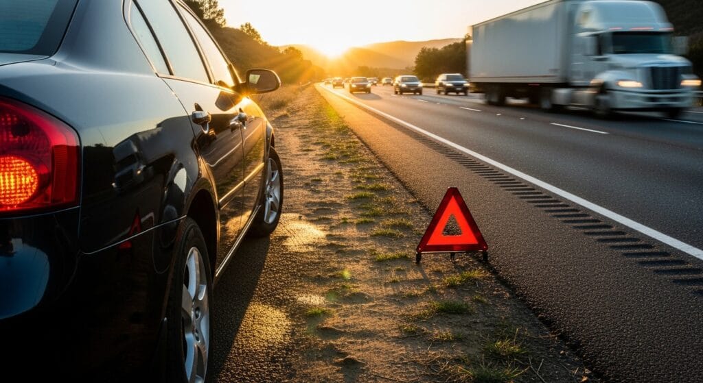 Stopped roadside vehicle with hazard lights and warning triangle on a California highway shoulder