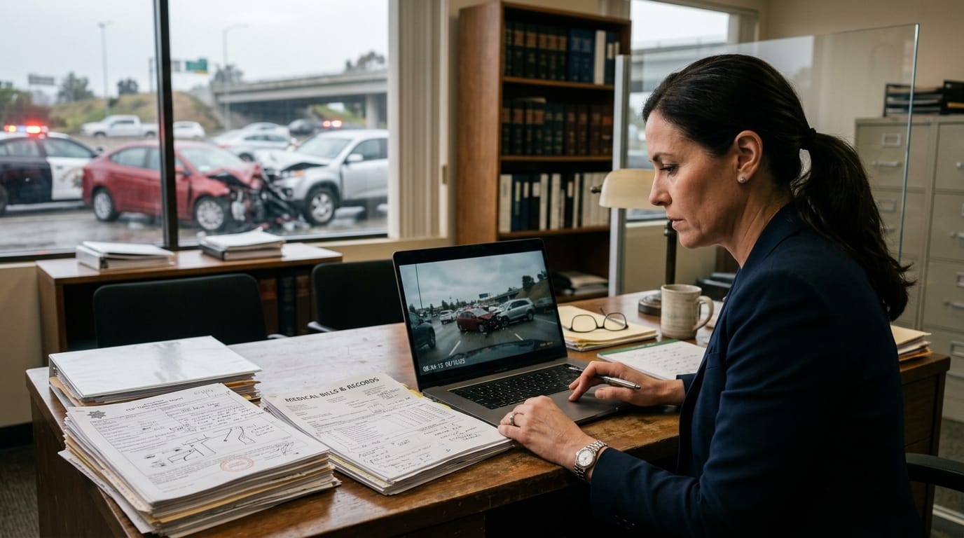 Auto accident lawyer reviewing dashcam and vehicle data evidence for a California crash claim