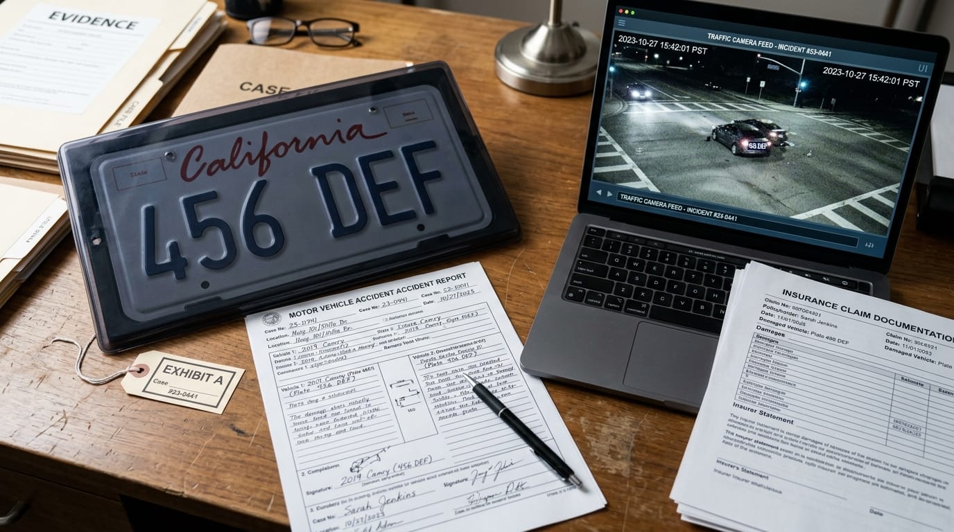 Auto accident lawyer reviewing hit-and-run evidence and medical bills after a ghost plate crash
