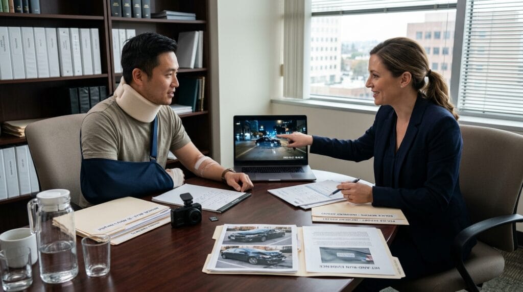 Auto accident lawyer reviewing hit-and-run evidence and medical bills after a ghost plate crash.