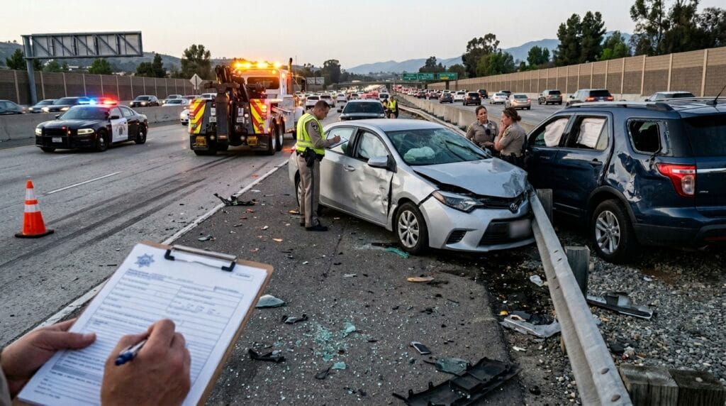 California car accident scene involving insurance and injury claim evidence