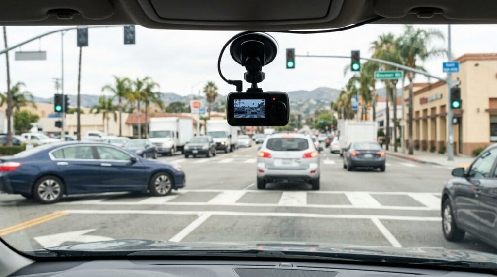 Dashcam recording intersection traffic before a California car accident