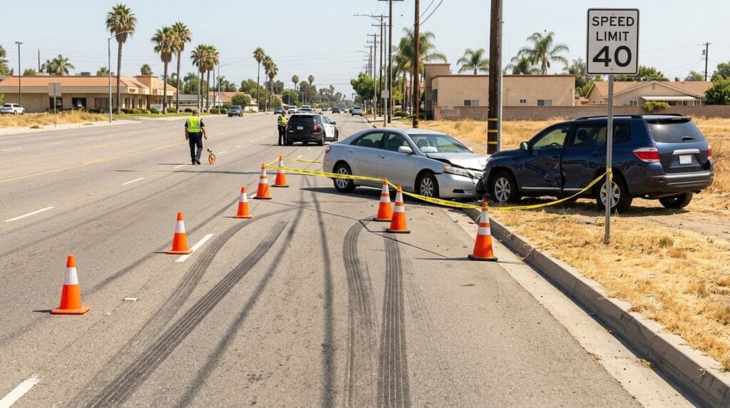 Speed-related crash evidence scene with skid marks and speed limit sign in California