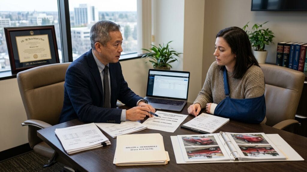 Attorney reviewing California minimum auto insurance limits with an accident victim