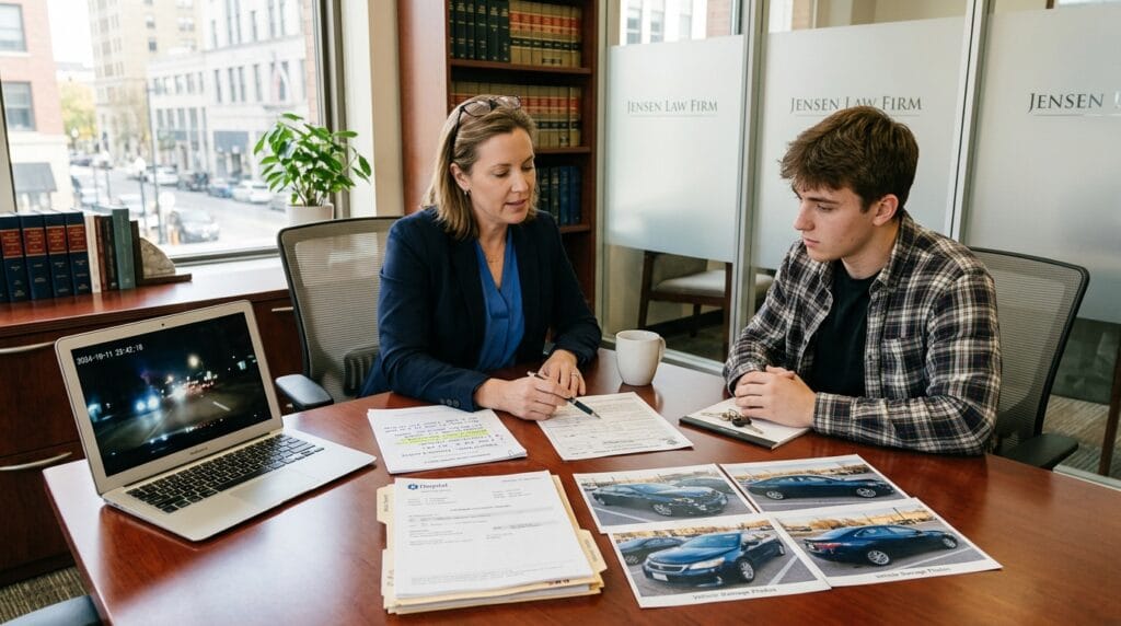 Attorney reviewing California teen driver accident claim evidence with a client