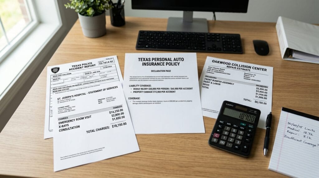Auto accident claim evidence showing insurance limits, medical bills, and repair costs