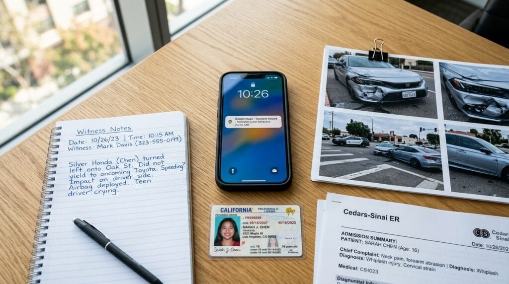 Teen driver accident evidence including phone records, witness notes, and medical reports