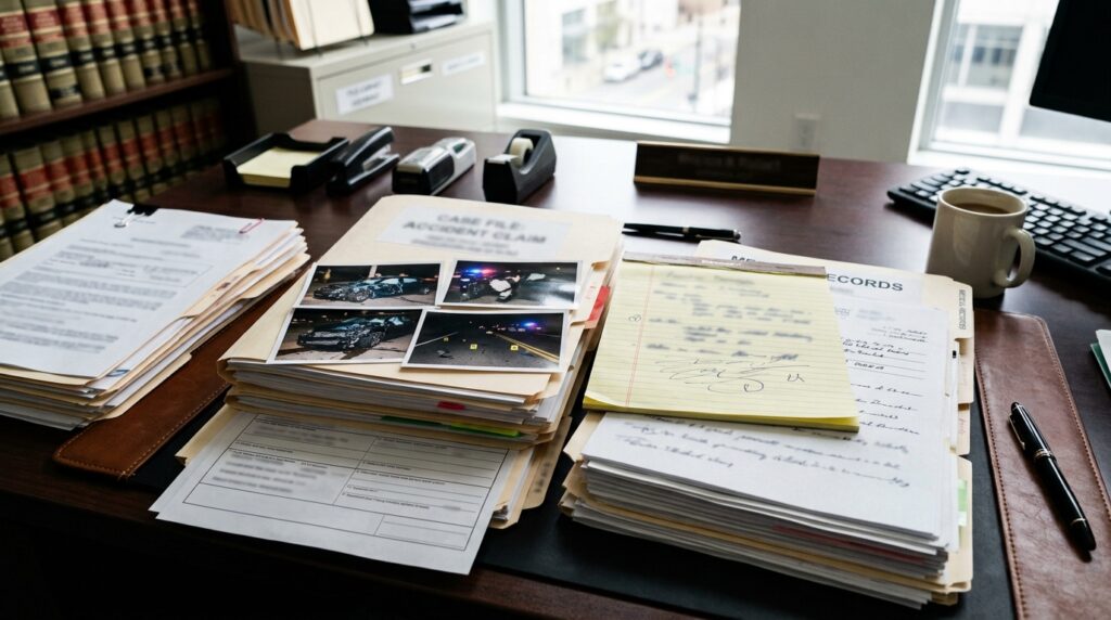 California DUI crash claim documents with medical records, insurance papers, and punitive damages notes