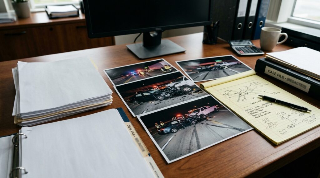 California wrong-way claim documents with medical records, insurance papers, and crash evidence