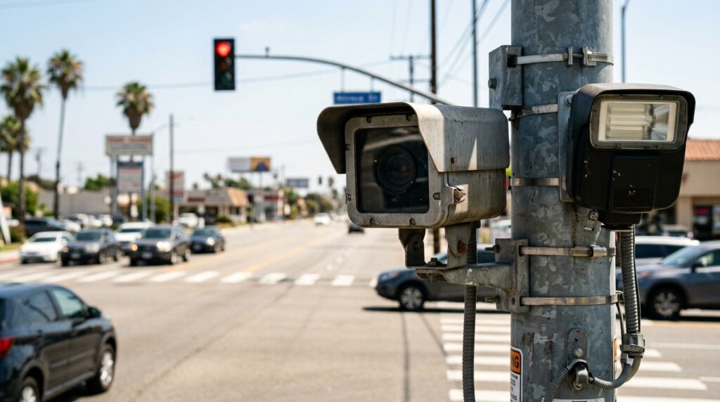 Automated traffic enforcement camera monitoring a California intersection for red-light violations